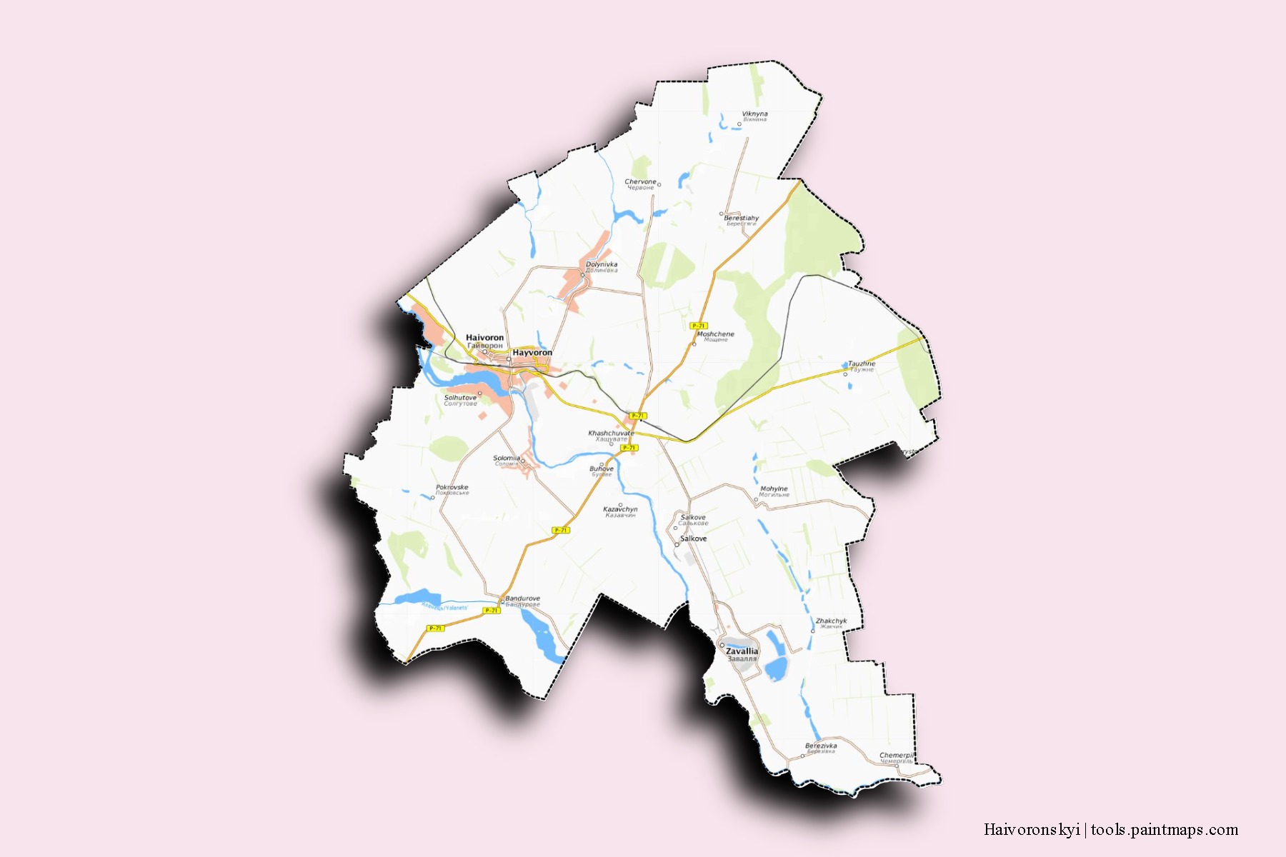 Mapa de barrios y pueblos de Haivoronskyi con efecto de sombra 3D