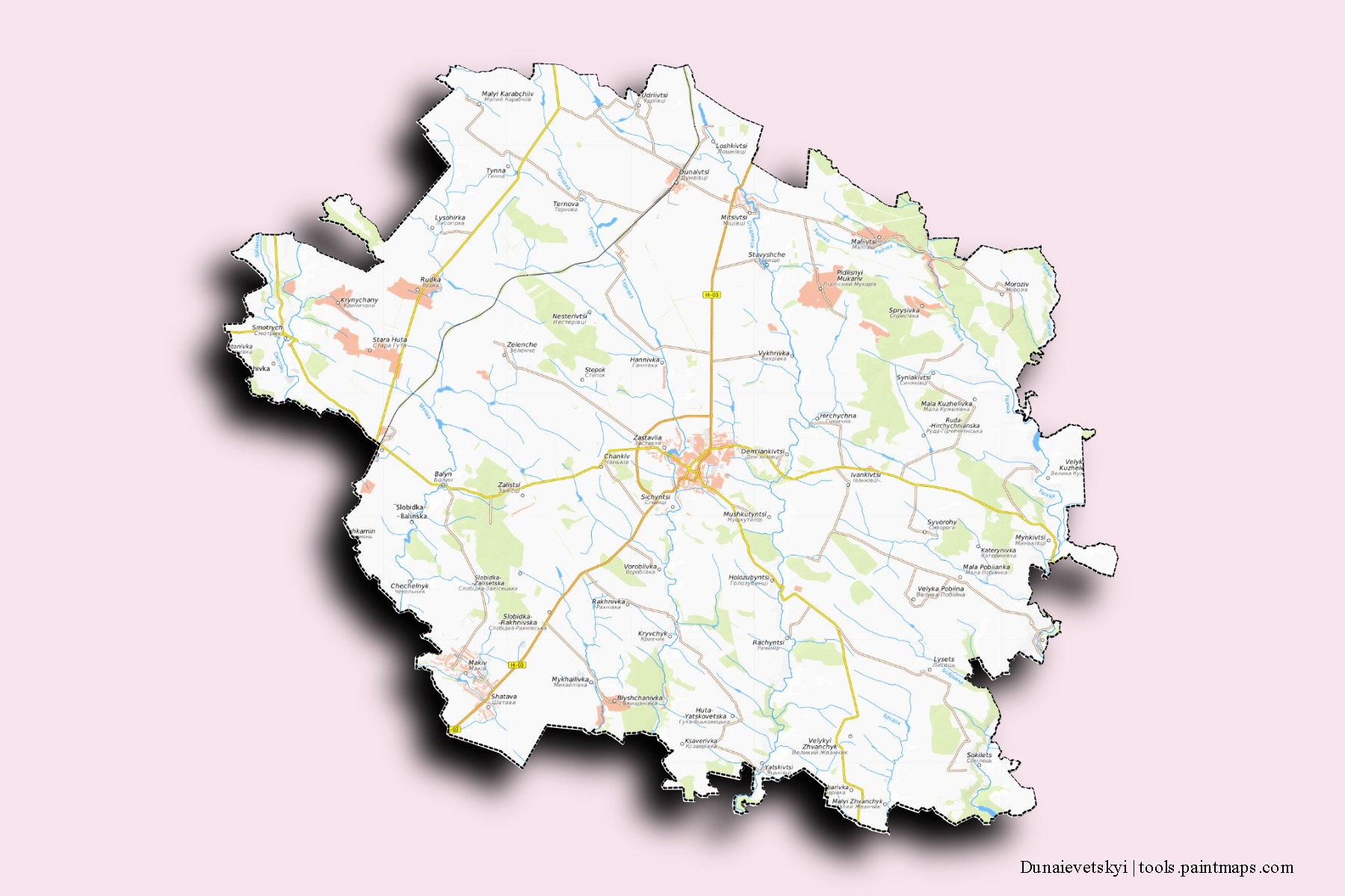 Dunaievets'kyi neighborhoods and villages map with 3D shadow effect