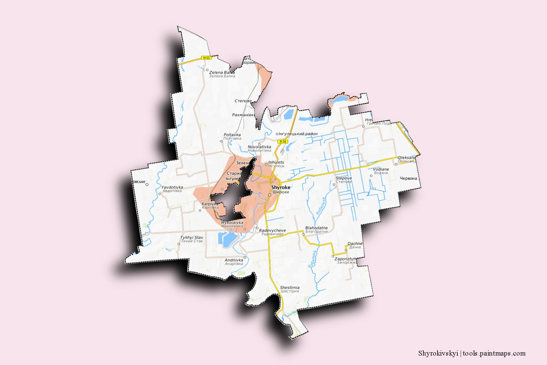 Mapa de barrios y pueblos de Shyrokivskyi con efecto de sombra 3D