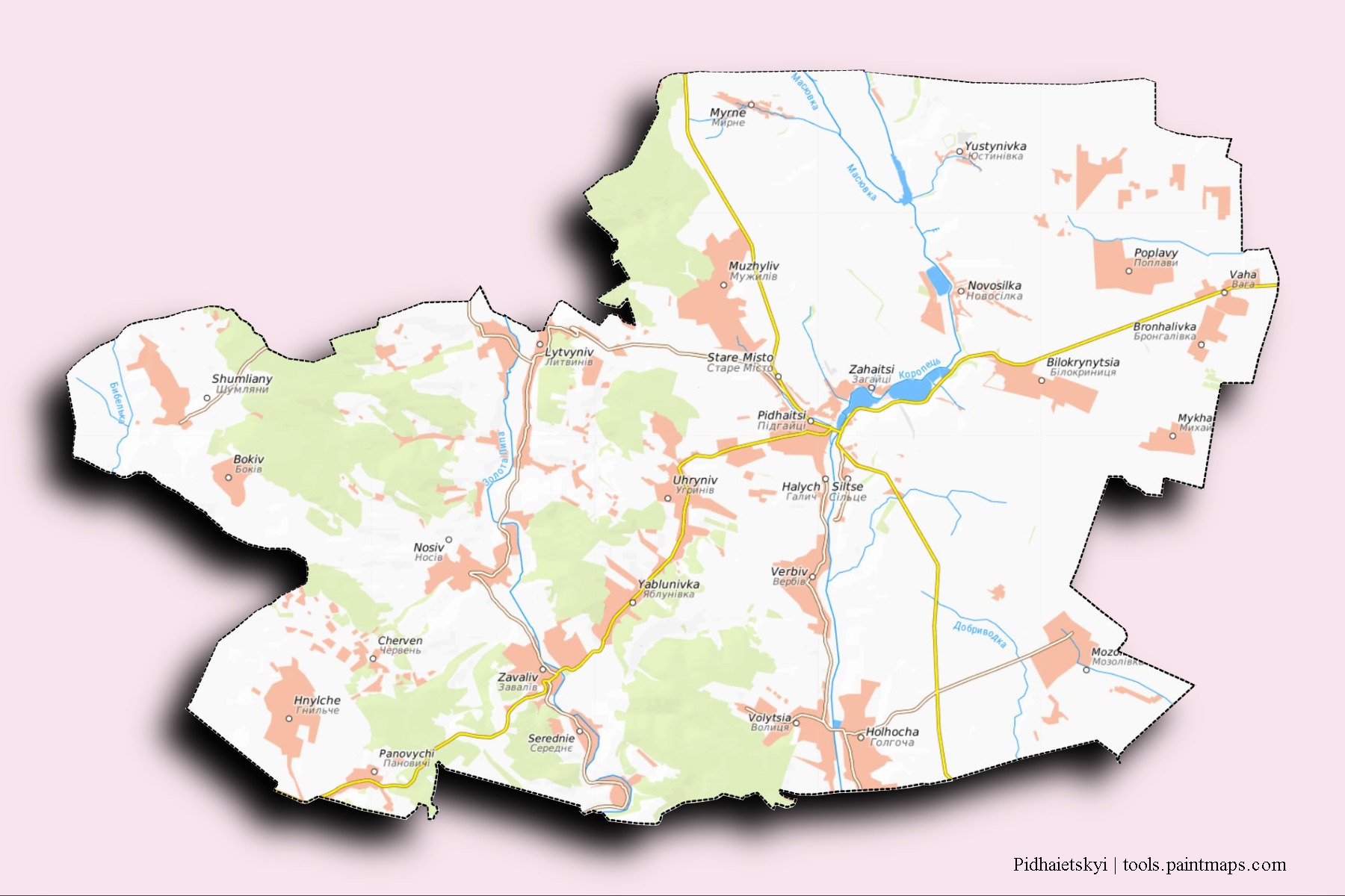 Mapa de barrios y pueblos de Pidhaietskyi con efecto de sombra 3D