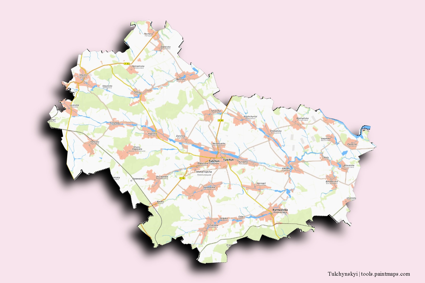3D gölge efektli Tulchynskyi mahalleleri ve köyleri haritası