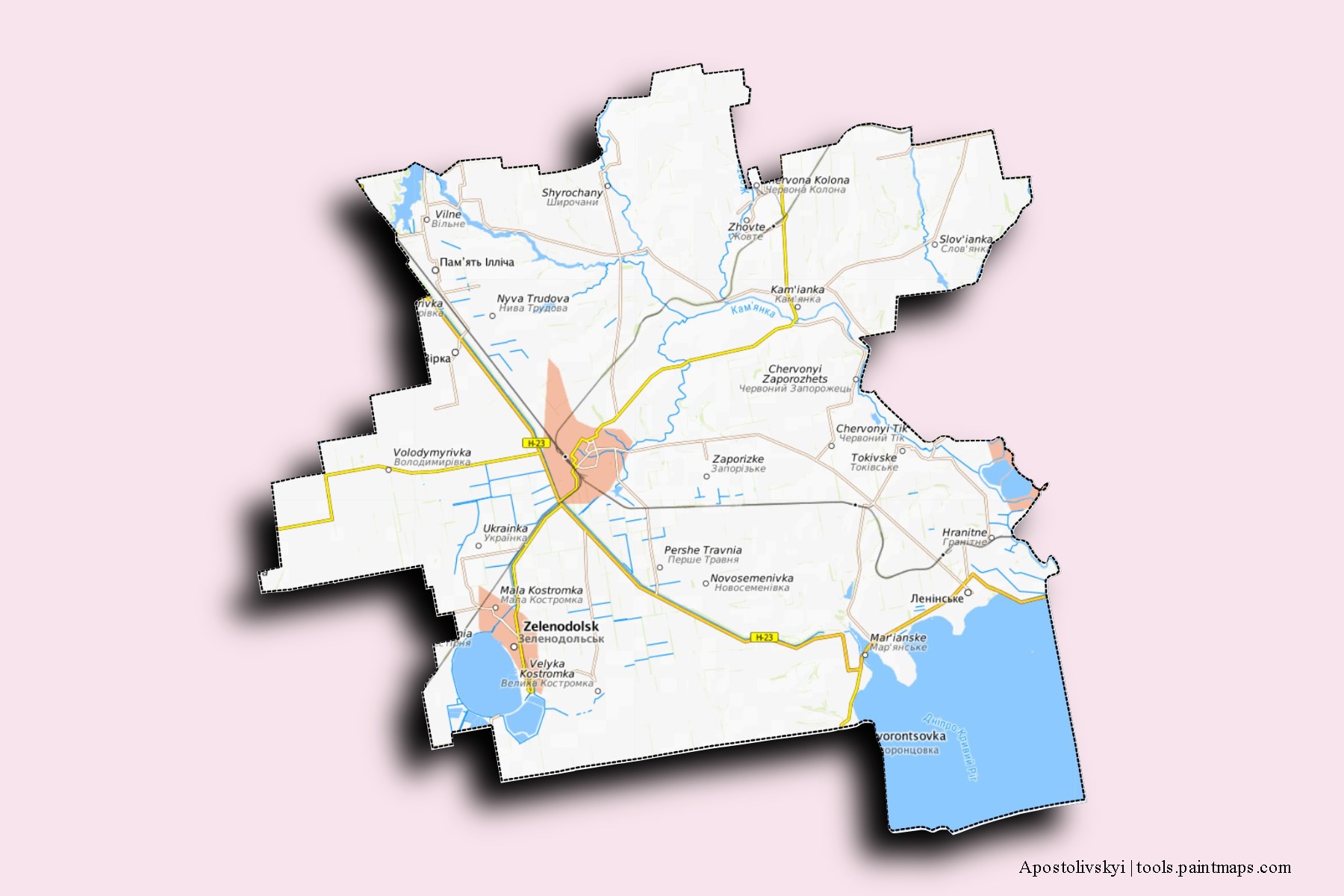 Mapa de barrios y pueblos de Apostolivskyi con efecto de sombra 3D