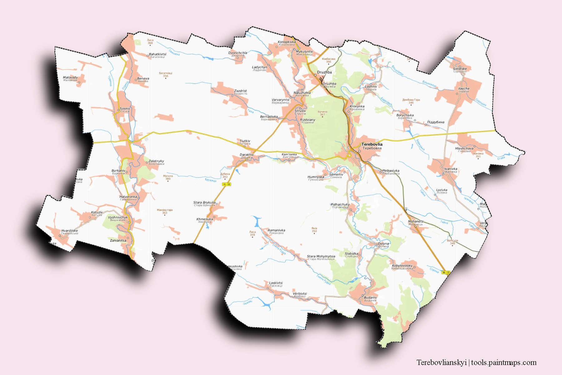 Terebovlians'kyi neighborhoods and villages map with 3D shadow effect