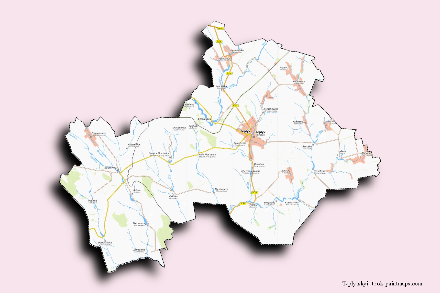 Teplyts'kyi neighborhoods and villages map with 3D shadow effect