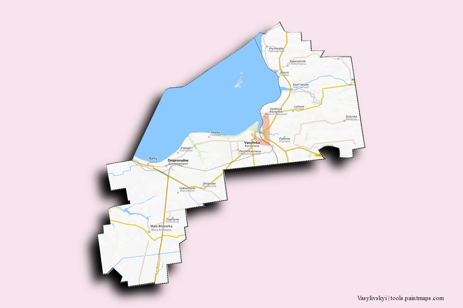 Mapa de barrios y pueblos de Vasylivskyi con efecto de sombra 3D