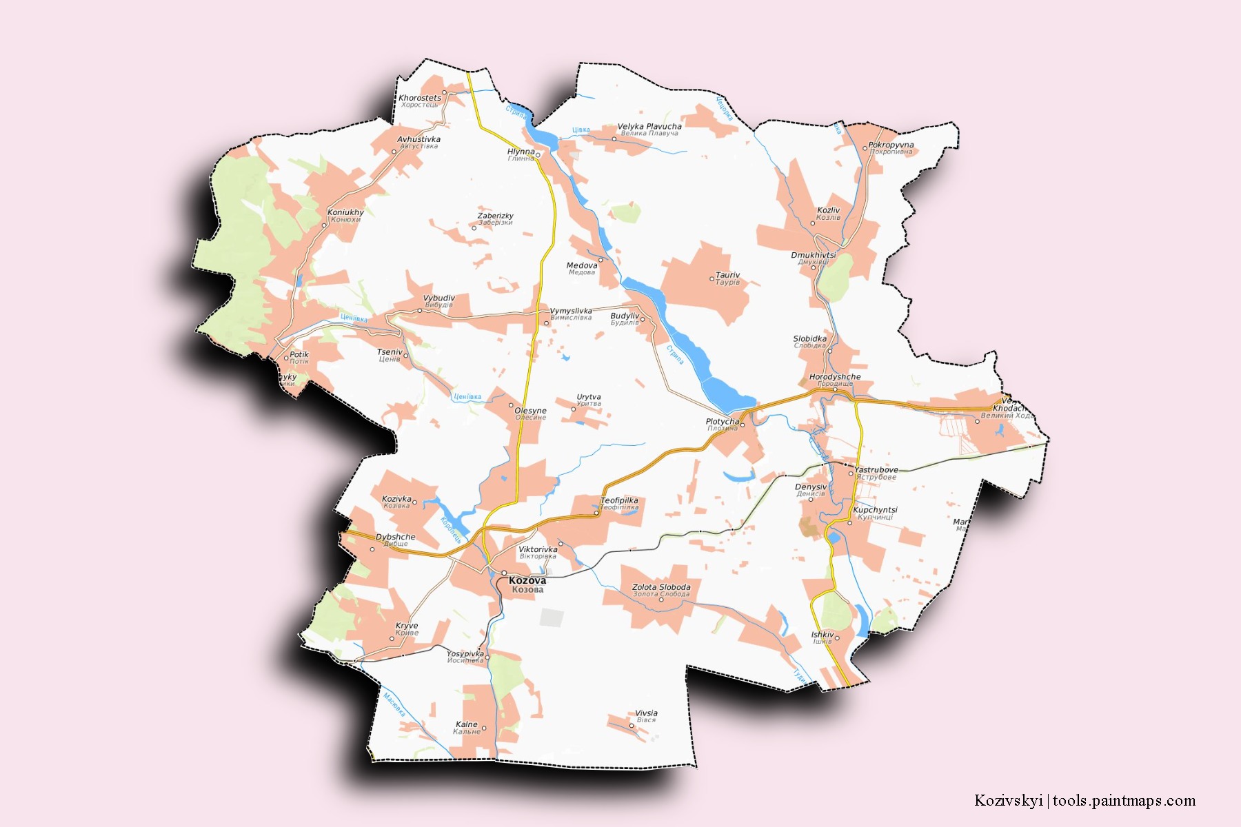 Mapa de barrios y pueblos de Kozivskyi con efecto de sombra 3D