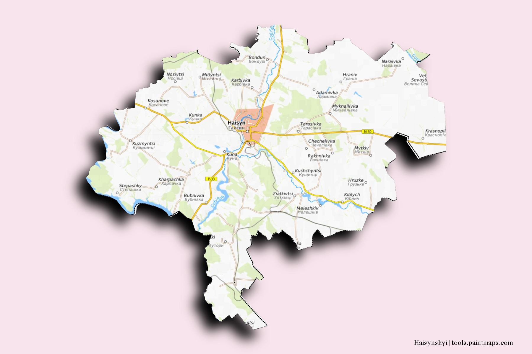 Mapa de barrios y pueblos de Haisynskyi con efecto de sombra 3D