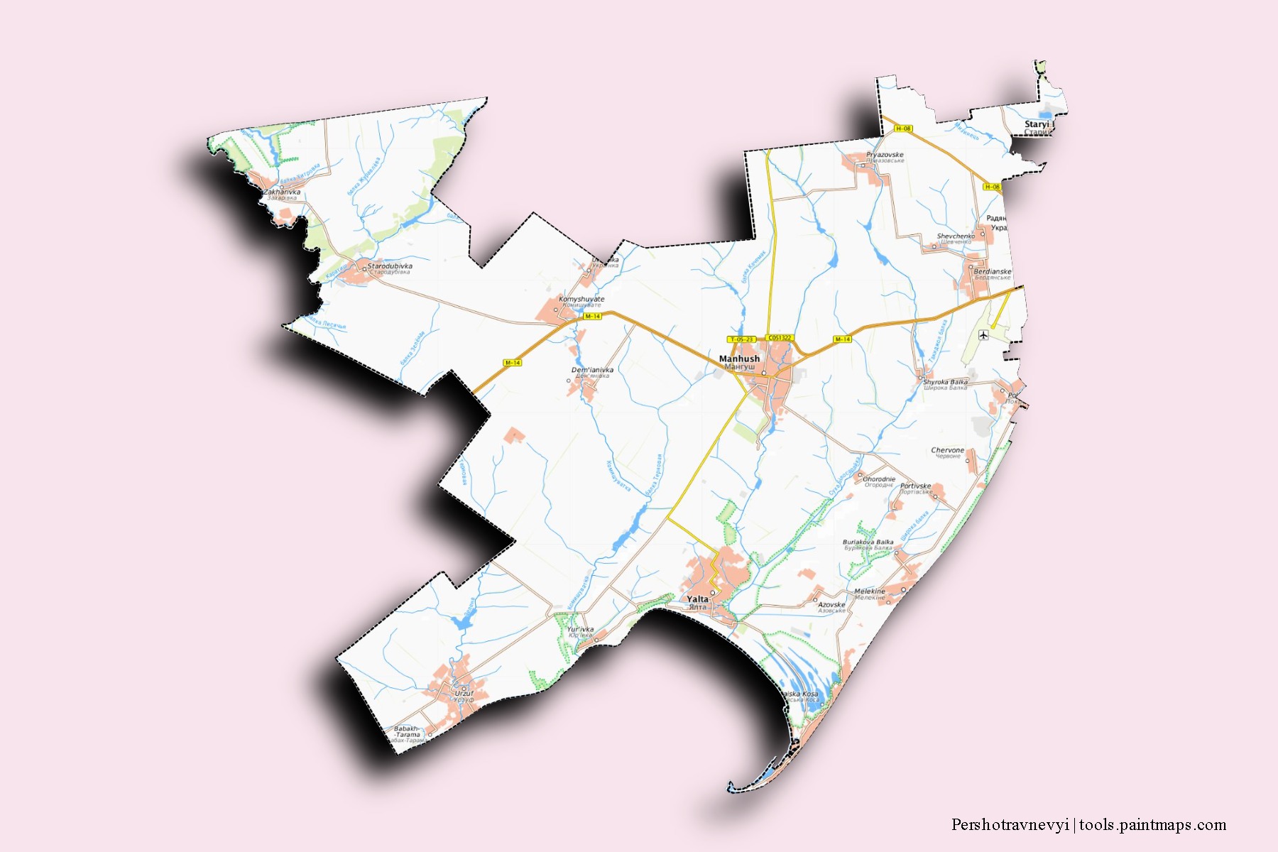 Mapa de barrios y pueblos de Pershotravnevyi con efecto de sombra 3D