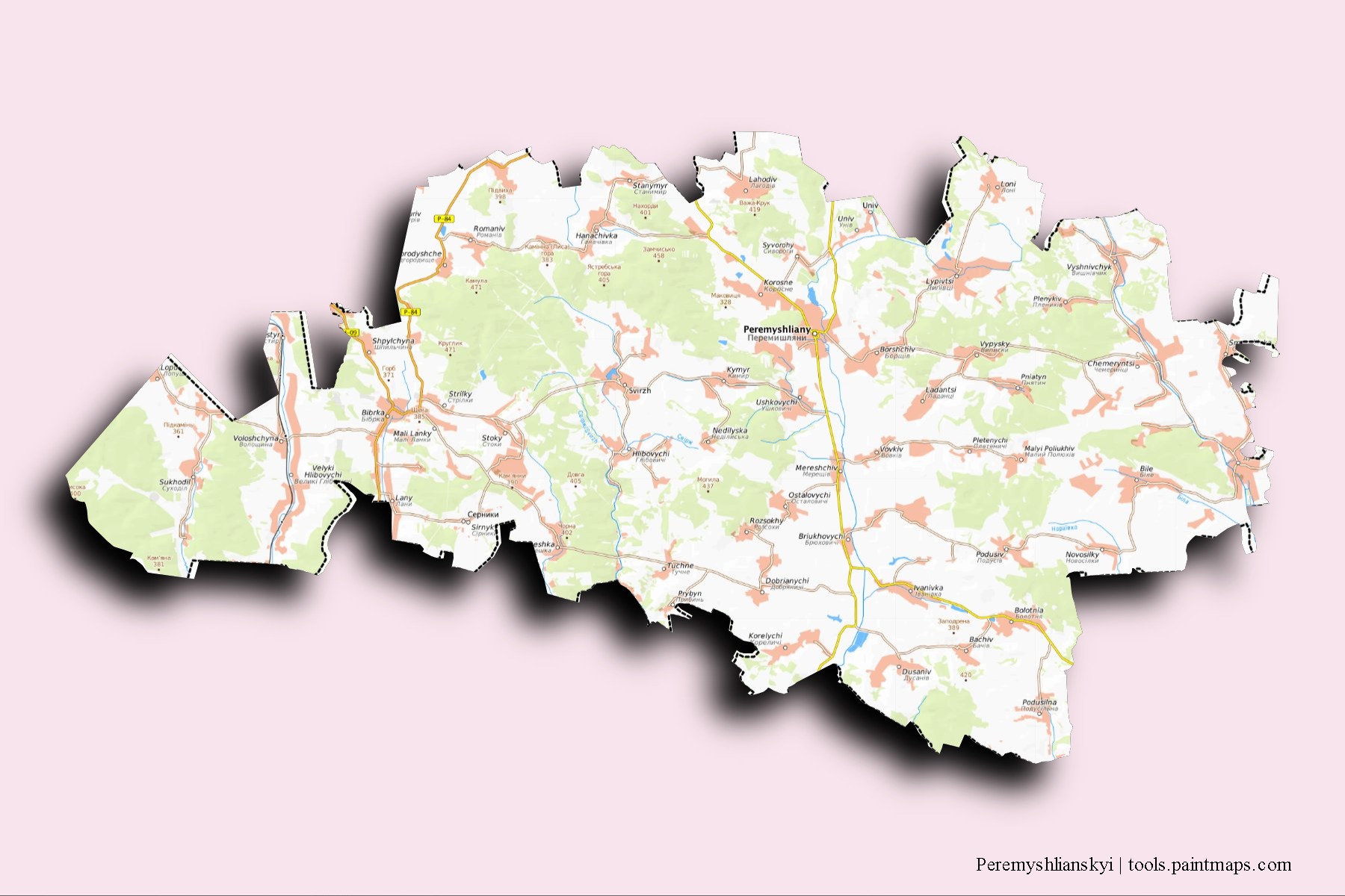 Mapa de barrios y pueblos de Peremyshlianskyi con efecto de sombra 3D