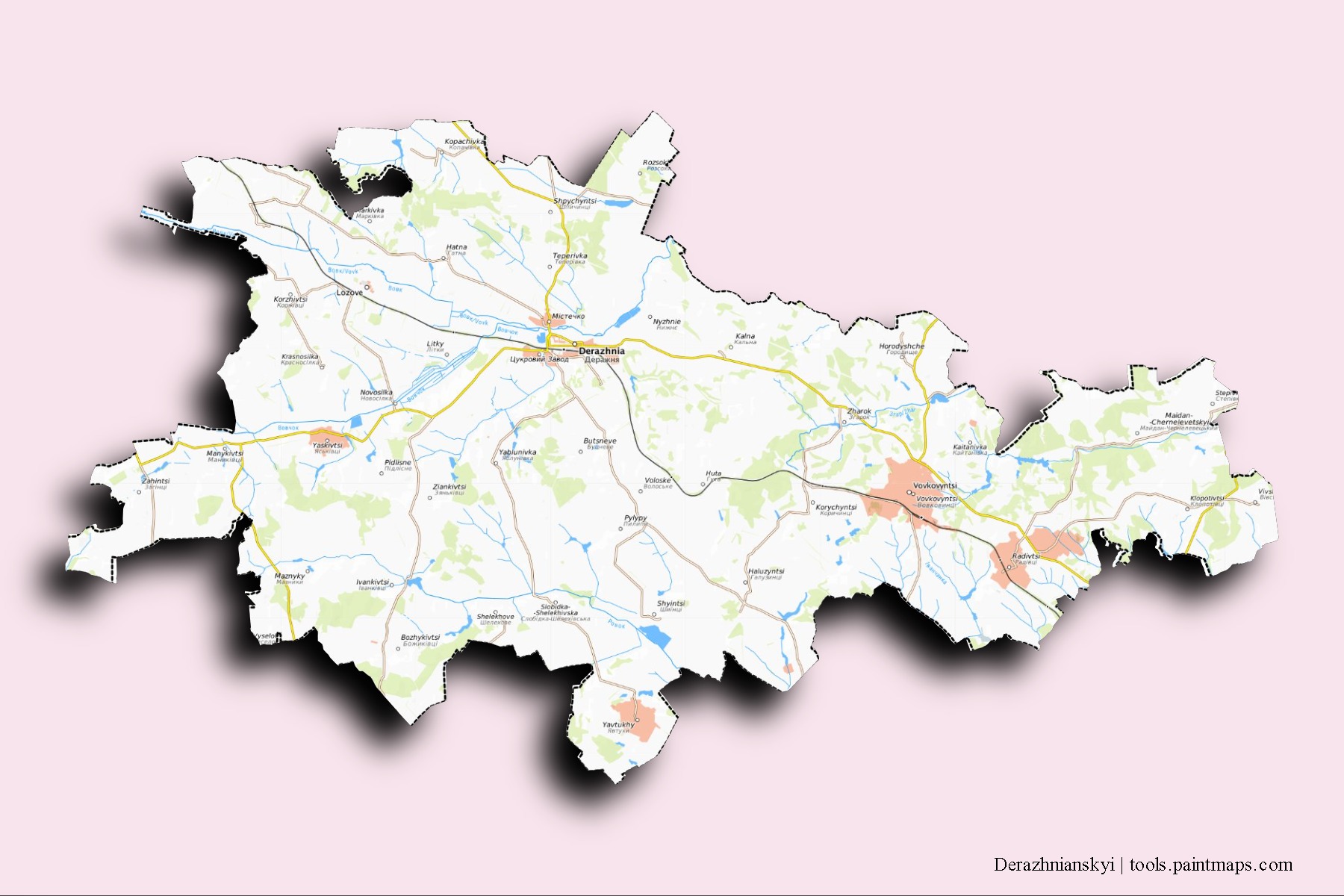 Mapa de barrios y pueblos de Derazhnianskyi con efecto de sombra 3D