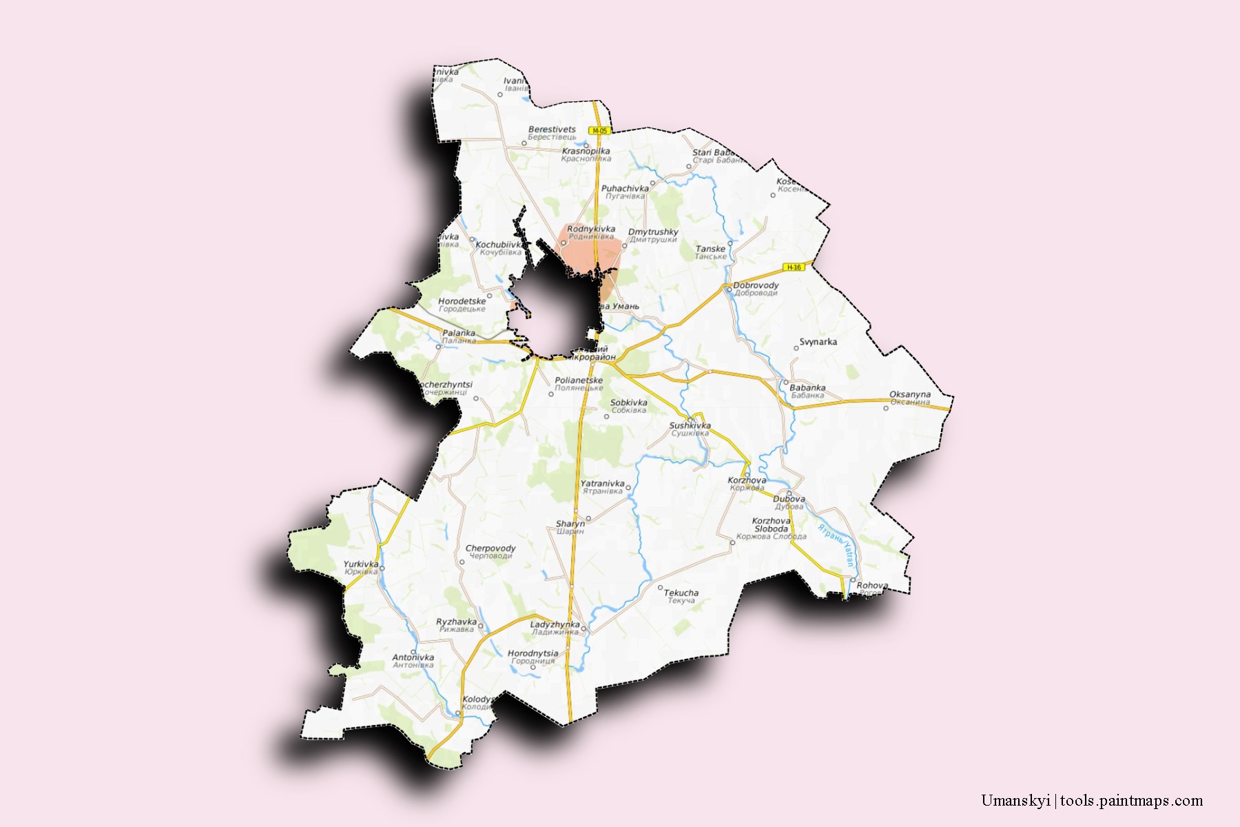 Mapa de barrios y pueblos de Umanskyi con efecto de sombra 3D