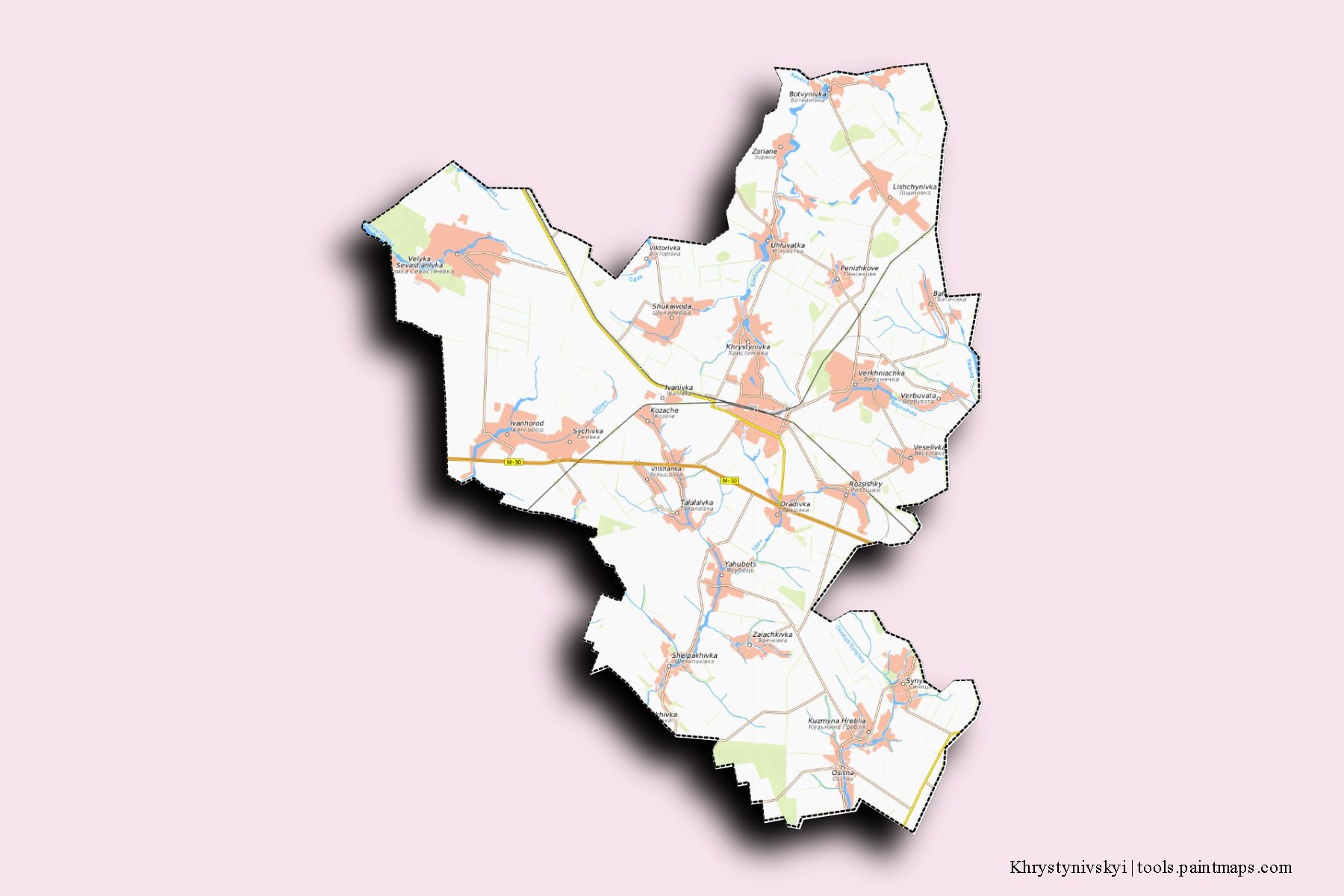 Mapa de barrios y pueblos de Khrystynivskyi con efecto de sombra 3D