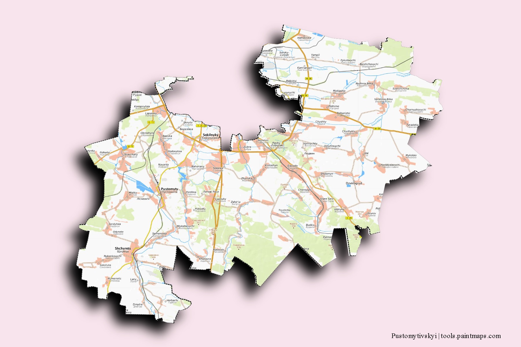 Mapa de barrios y pueblos de Pustomytivskyi con efecto de sombra 3D