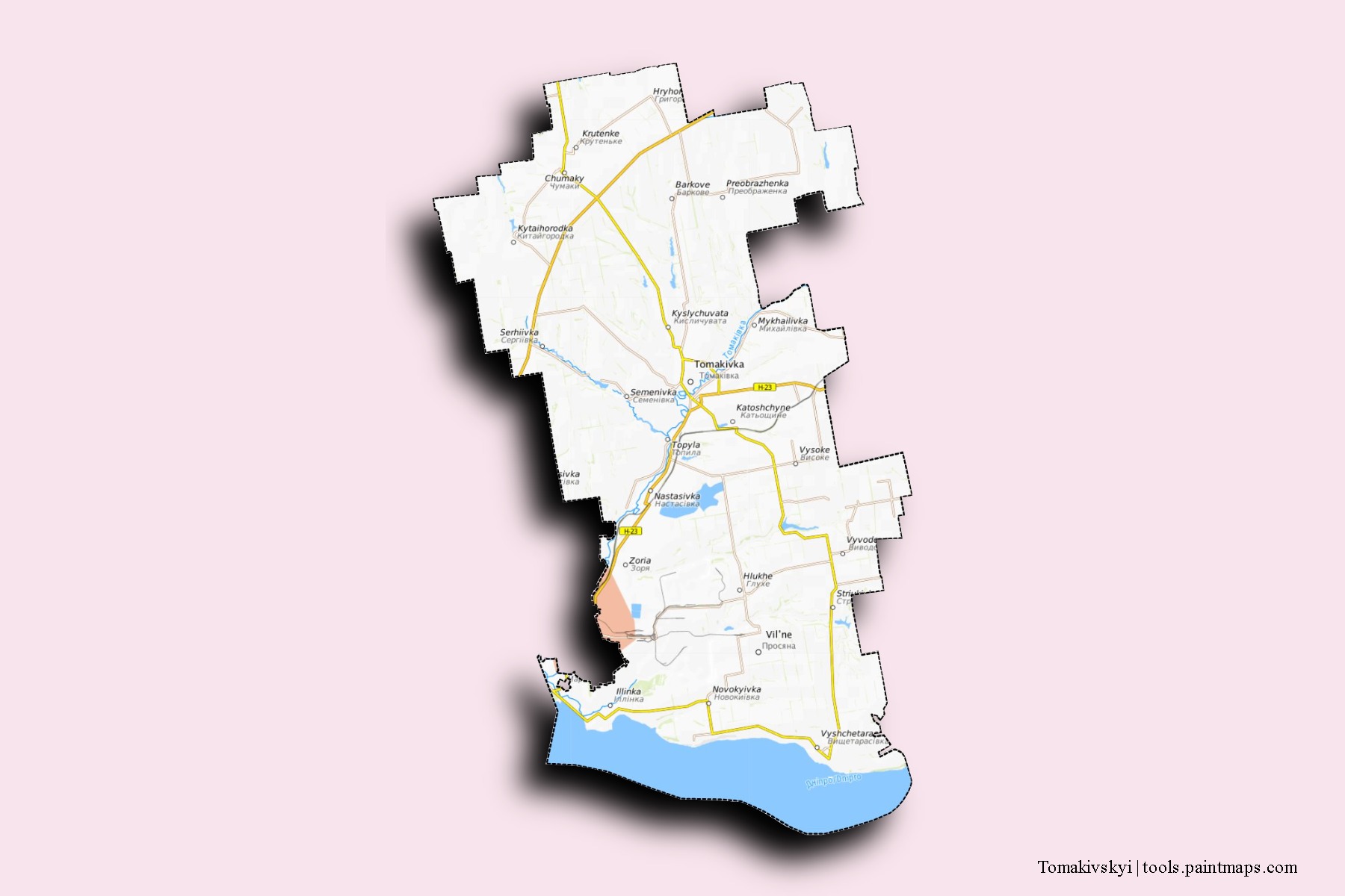 Mapa de barrios y pueblos de Tomakivskyi con efecto de sombra 3D