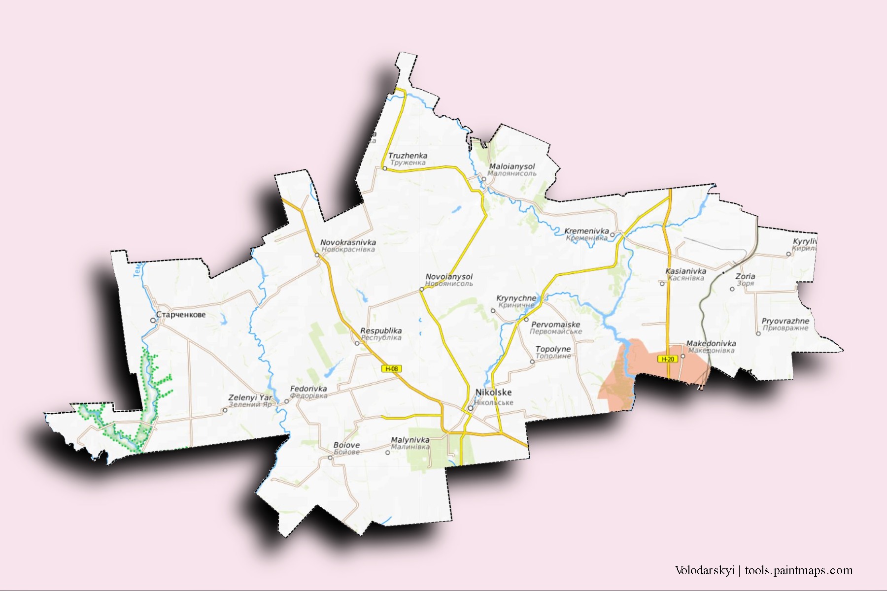3D gölge efektli Volodarskyi mahalleleri ve köyleri haritası