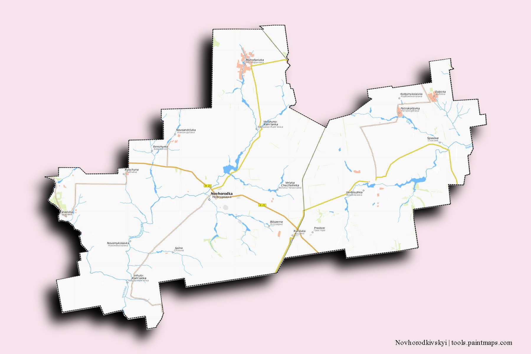 Mapa de barrios y pueblos de Novhorodkivskyi con efecto de sombra 3D