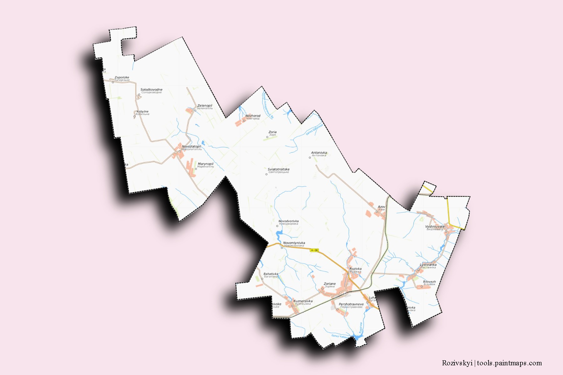 Rozivs'kyi neighborhoods and villages map with 3D shadow effect