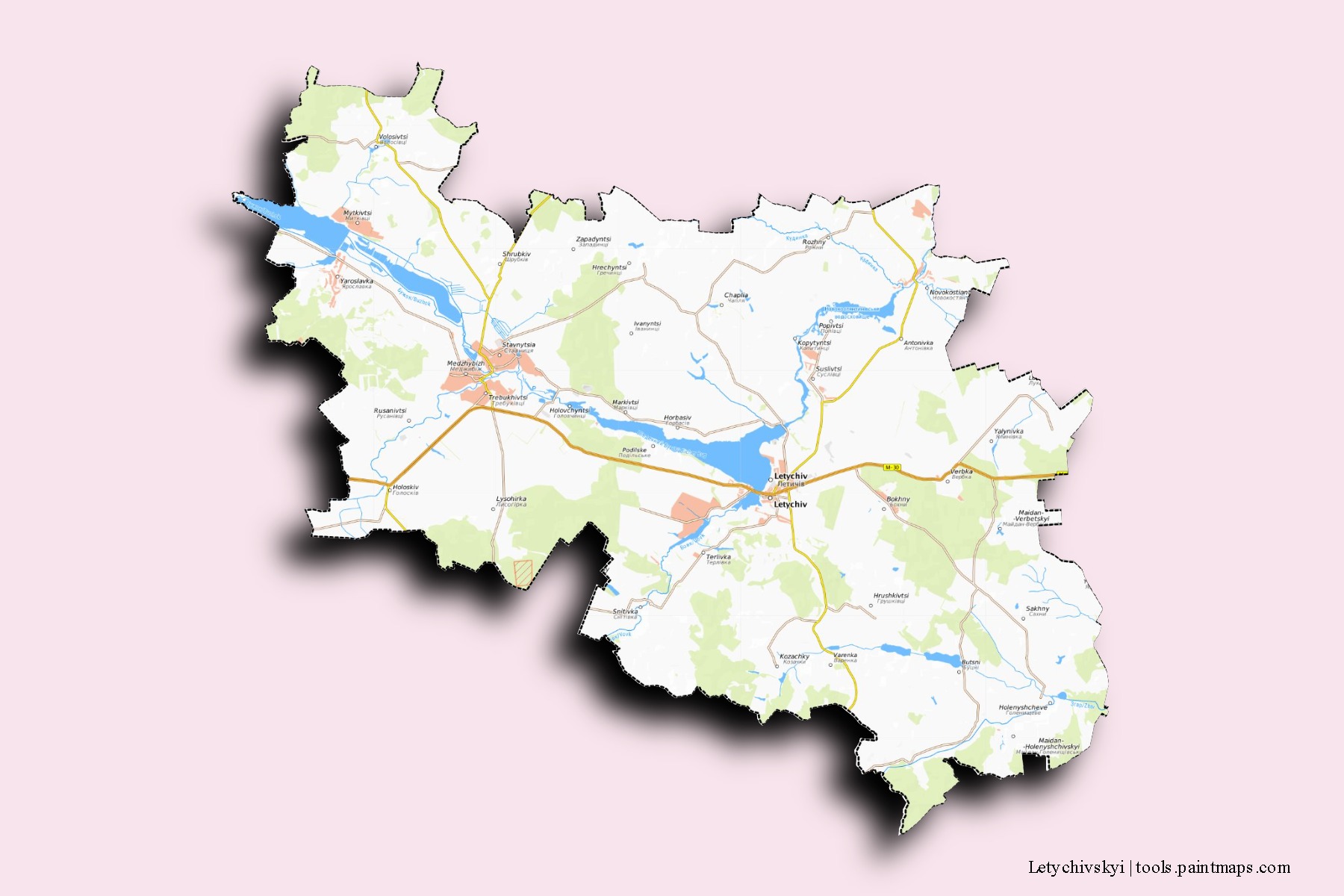 Mapa de barrios y pueblos de Letychivskyi con efecto de sombra 3D