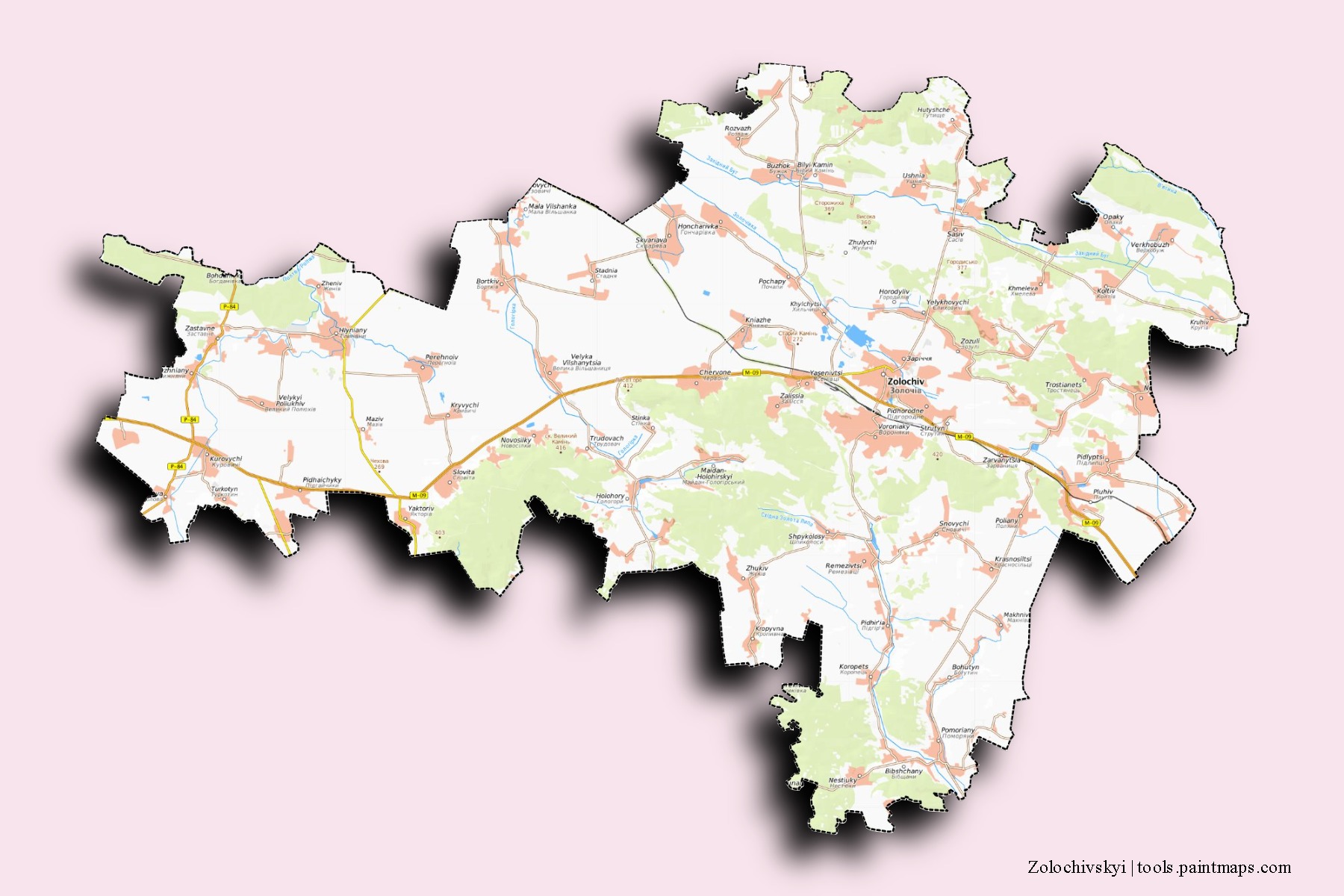 3D gölge efektli Zolochivskyi mahalleleri ve köyleri haritası
