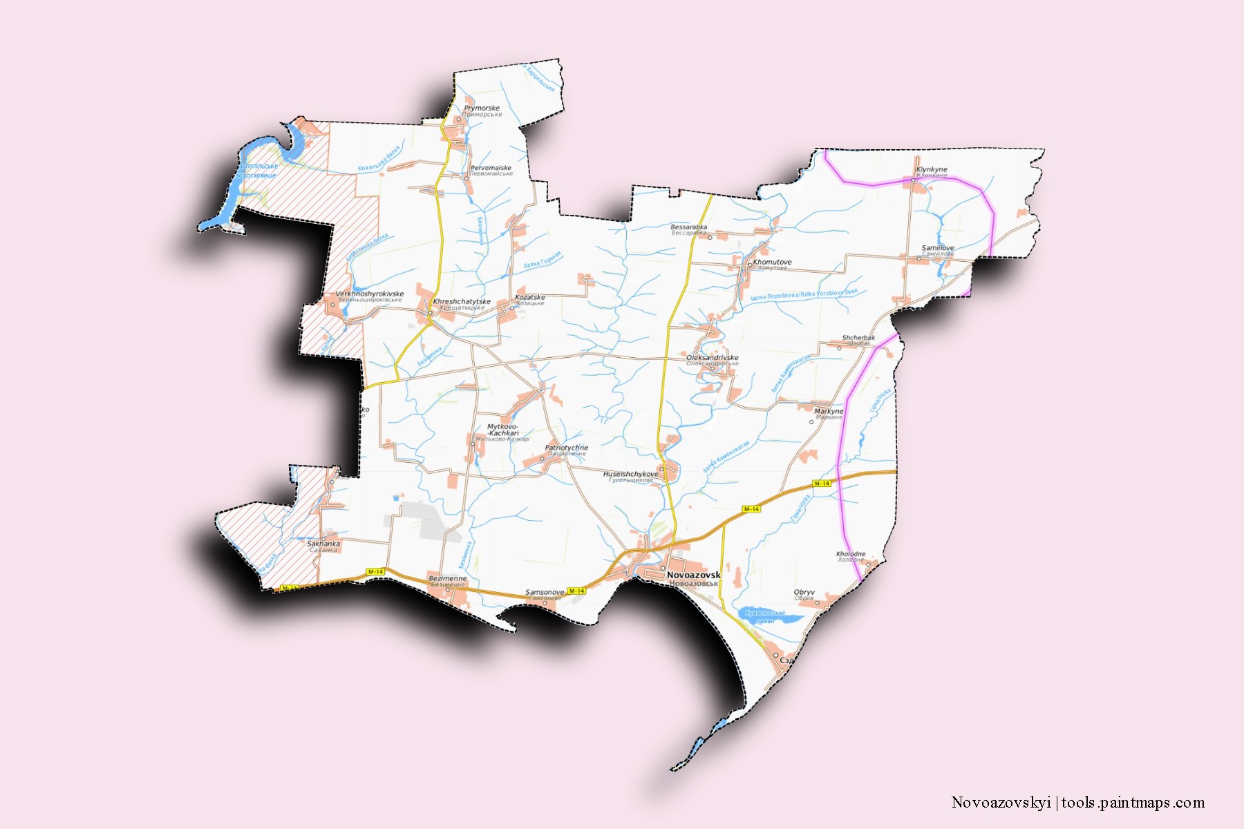 Novoazovs'kyi neighborhoods and villages map with 3D shadow effect