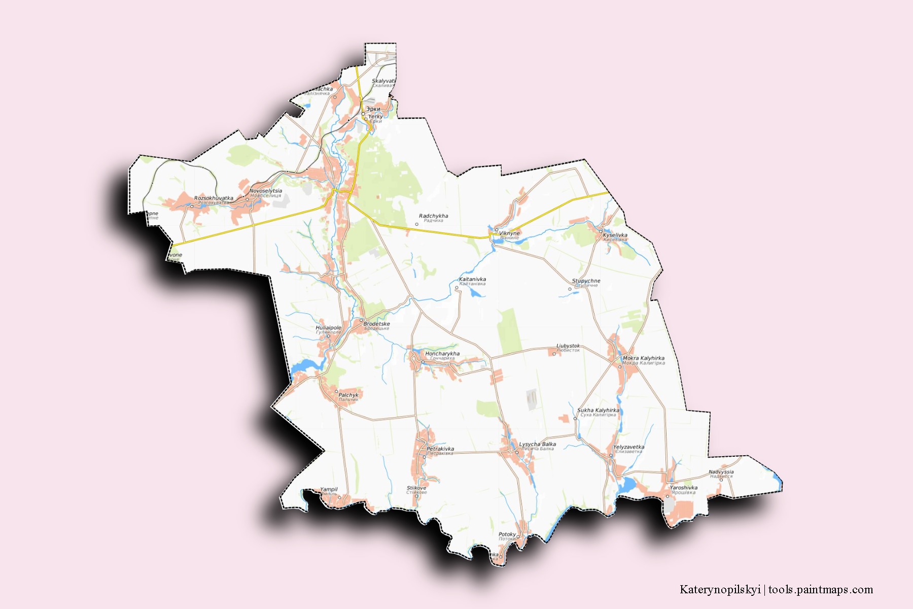 Mapa de barrios y pueblos de Katerynopilskyi con efecto de sombra 3D