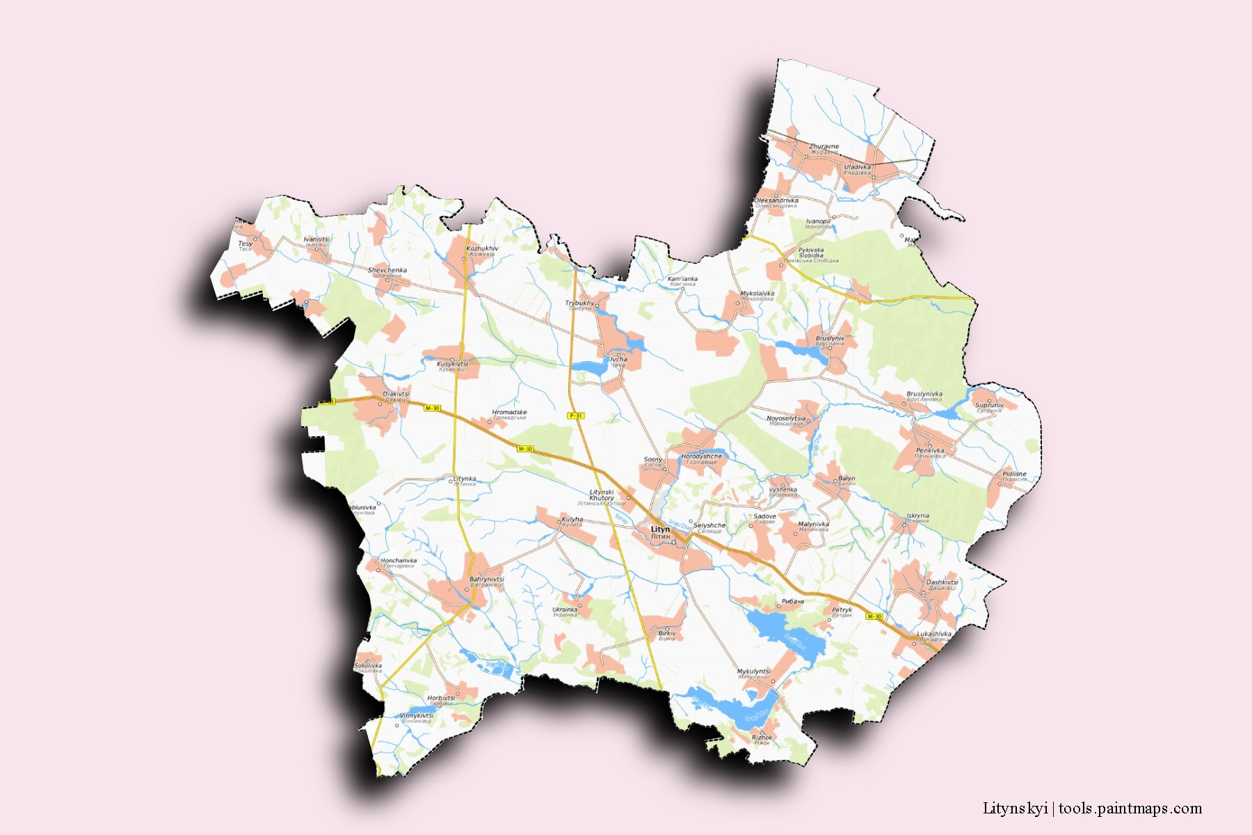 Mapa de barrios y pueblos de Litynskyi con efecto de sombra 3D