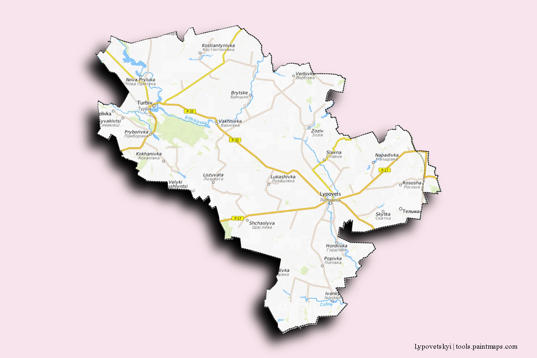 Mapa de barrios y pueblos de Lypovetskyi con efecto de sombra 3D