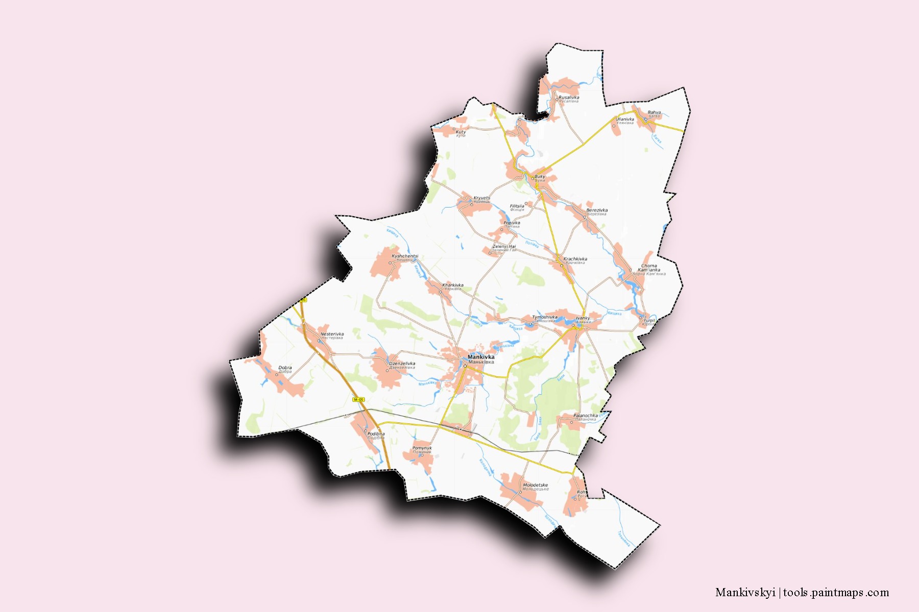 3D gölge efektli Mankivskyi mahalleleri ve köyleri haritası