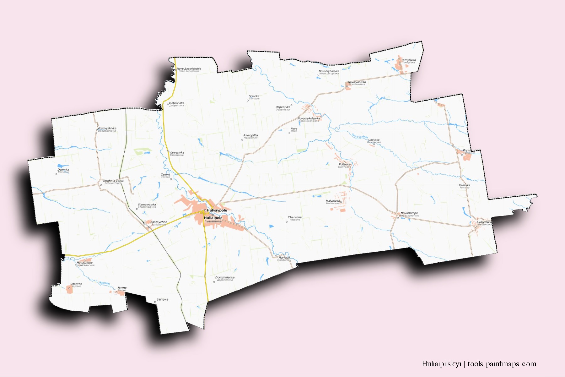 Mapa de barrios y pueblos de Huliaipilskyi con efecto de sombra 3D