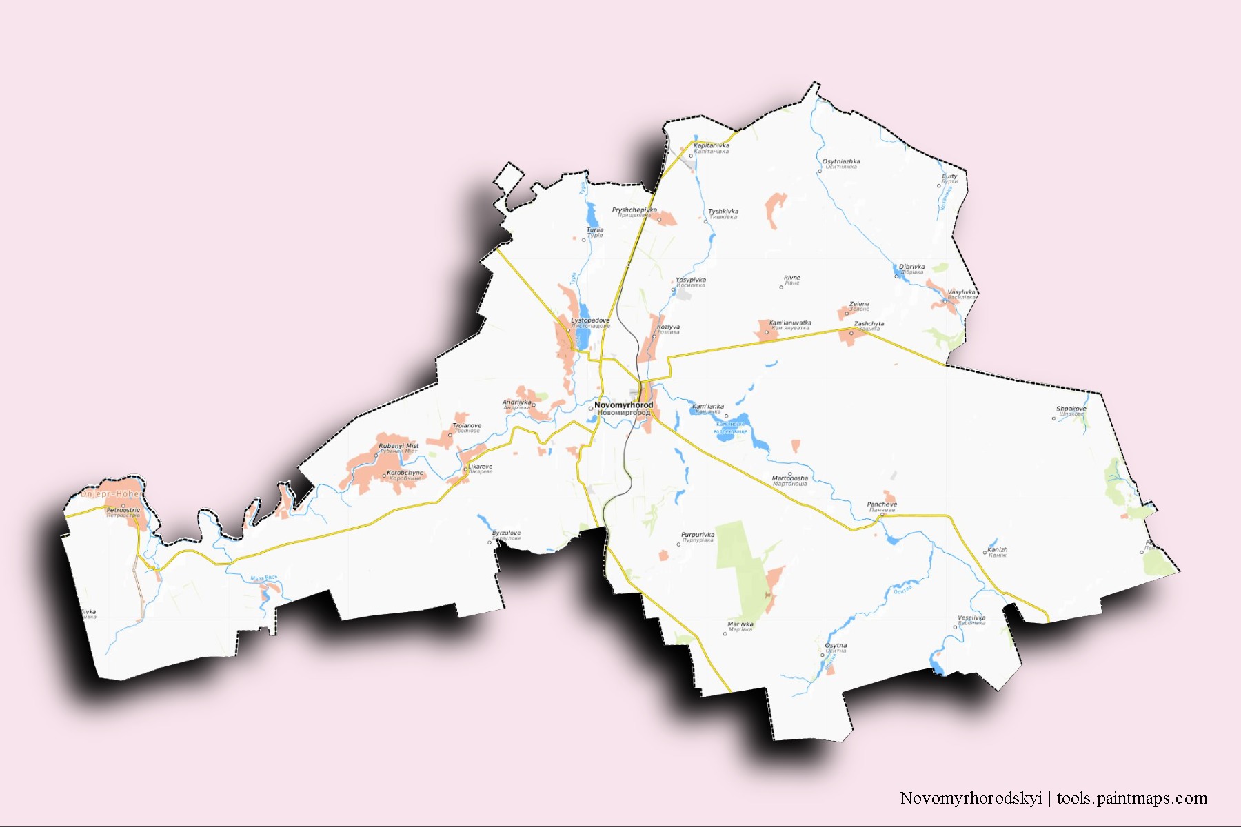 Mapa de barrios y pueblos de Novomyrhorodskyi con efecto de sombra 3D