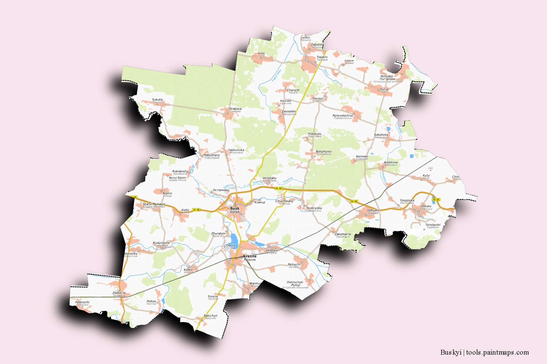 Bus'kyi neighborhoods and villages map with 3D shadow effect