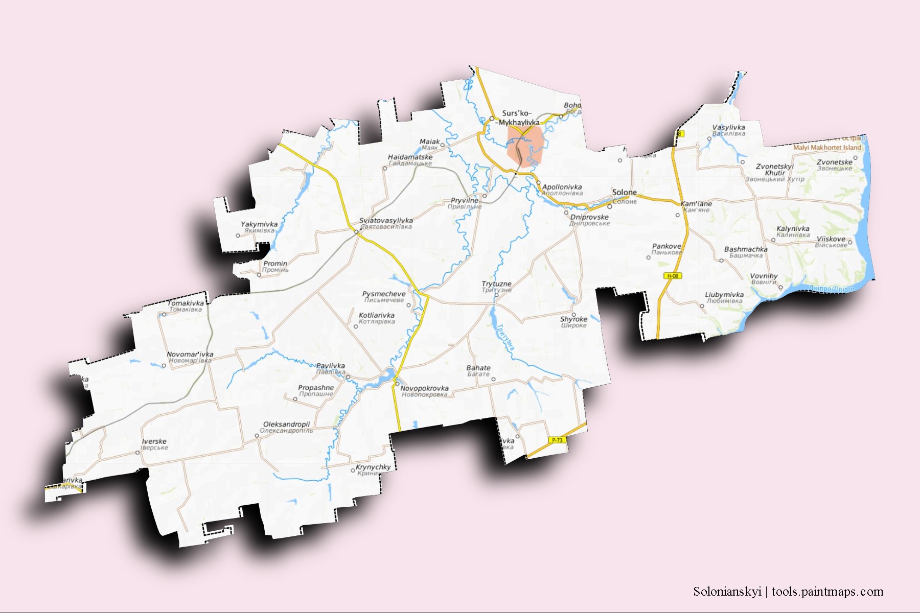 Mapa de barrios y pueblos de Solonianskyi con efecto de sombra 3D