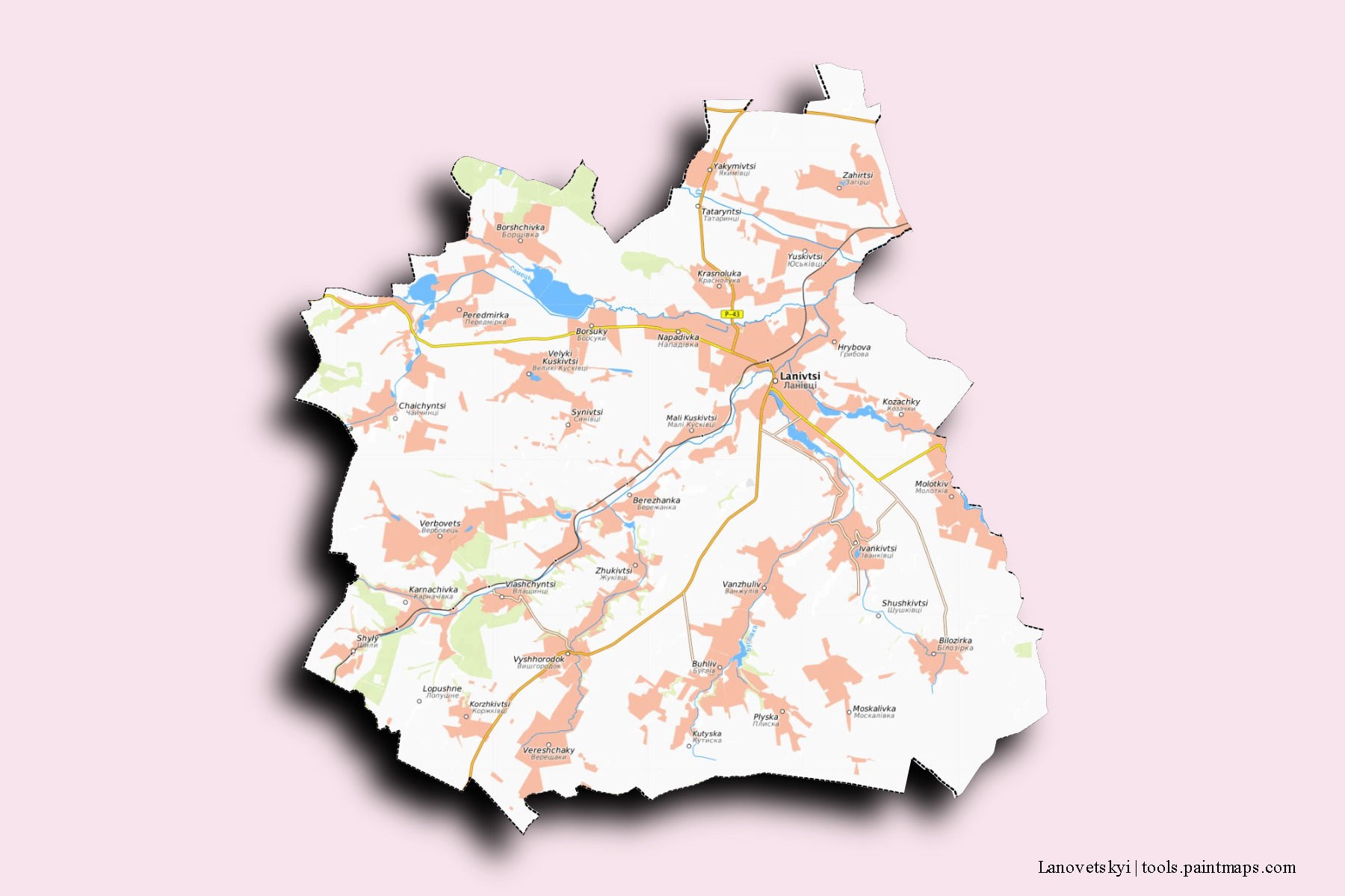 3D gölge efektli Lanovetskyi mahalleleri ve köyleri haritası