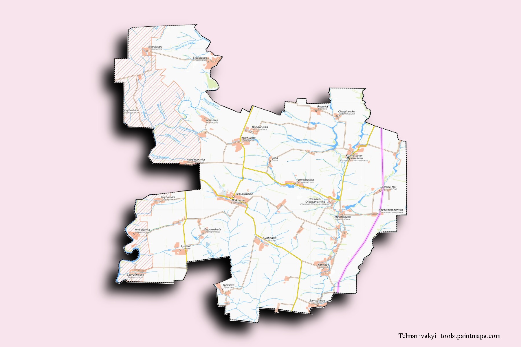 Mapa de barrios y pueblos de Telmanivskyi con efecto de sombra 3D