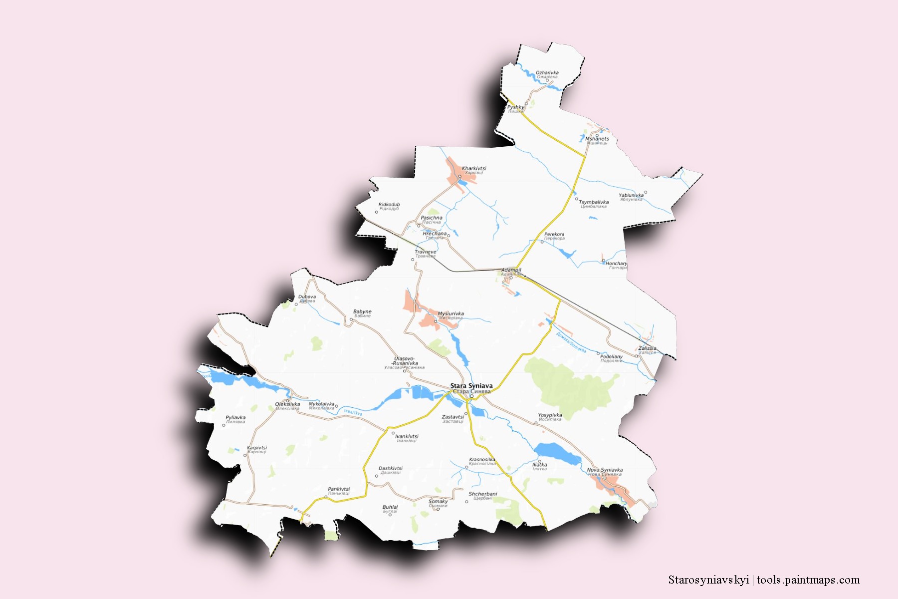 Mapa de barrios y pueblos de Starosyniavskyi con efecto de sombra 3D