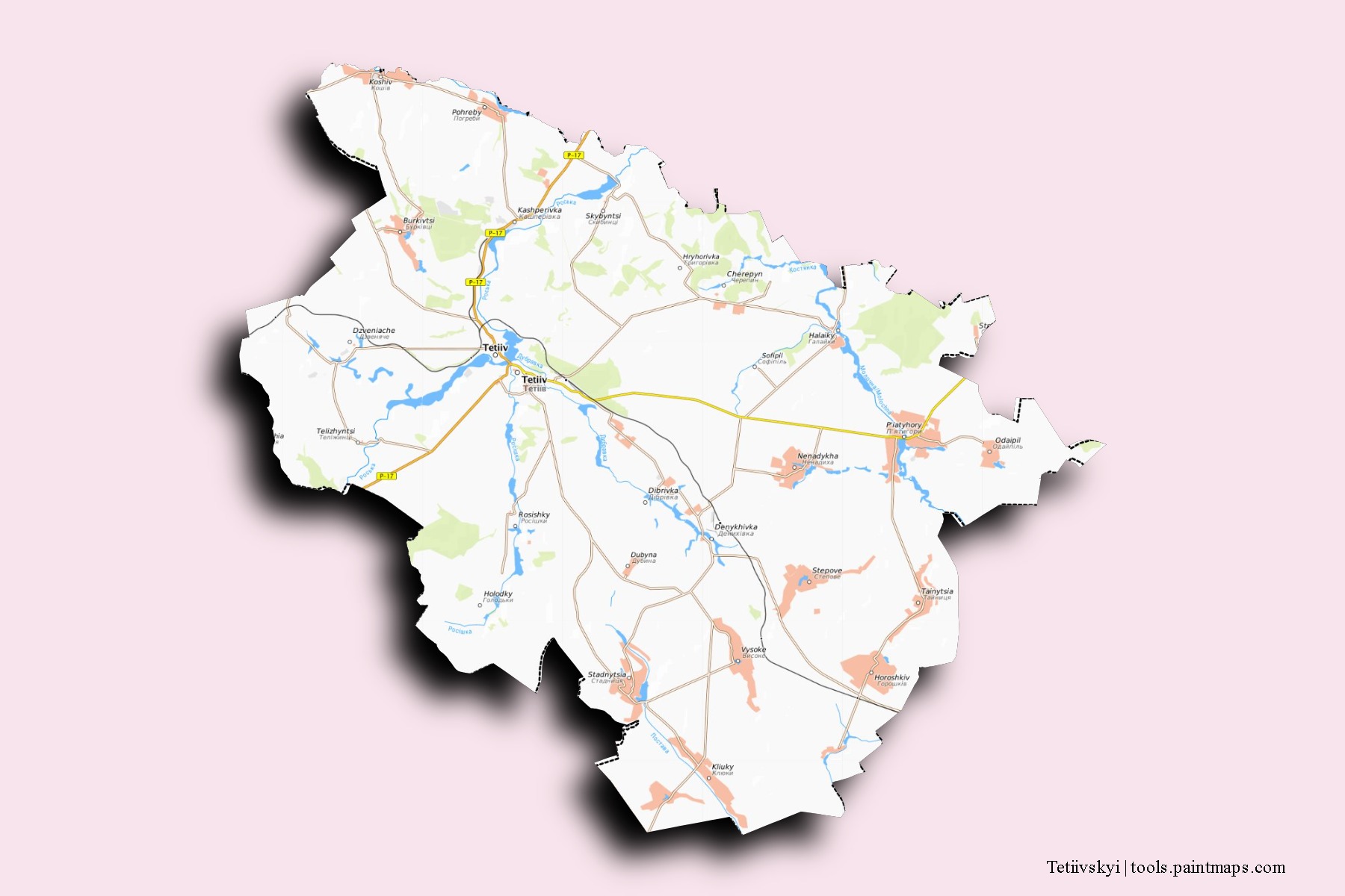 Mapa de barrios y pueblos de Tetiivskyi con efecto de sombra 3D