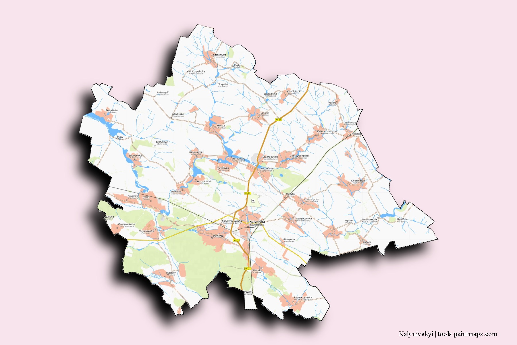 Mapa de barrios y pueblos de Kalynivskyi con efecto de sombra 3D