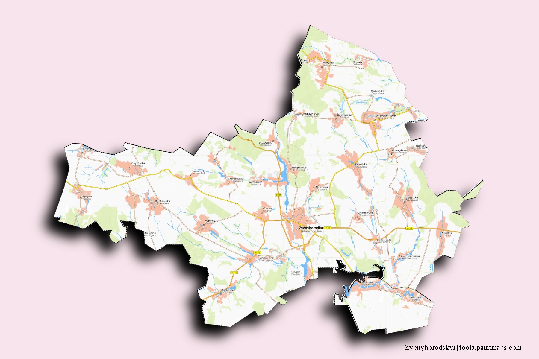 Mapa de barrios y pueblos de Zvenyhorodskyi con efecto de sombra 3D