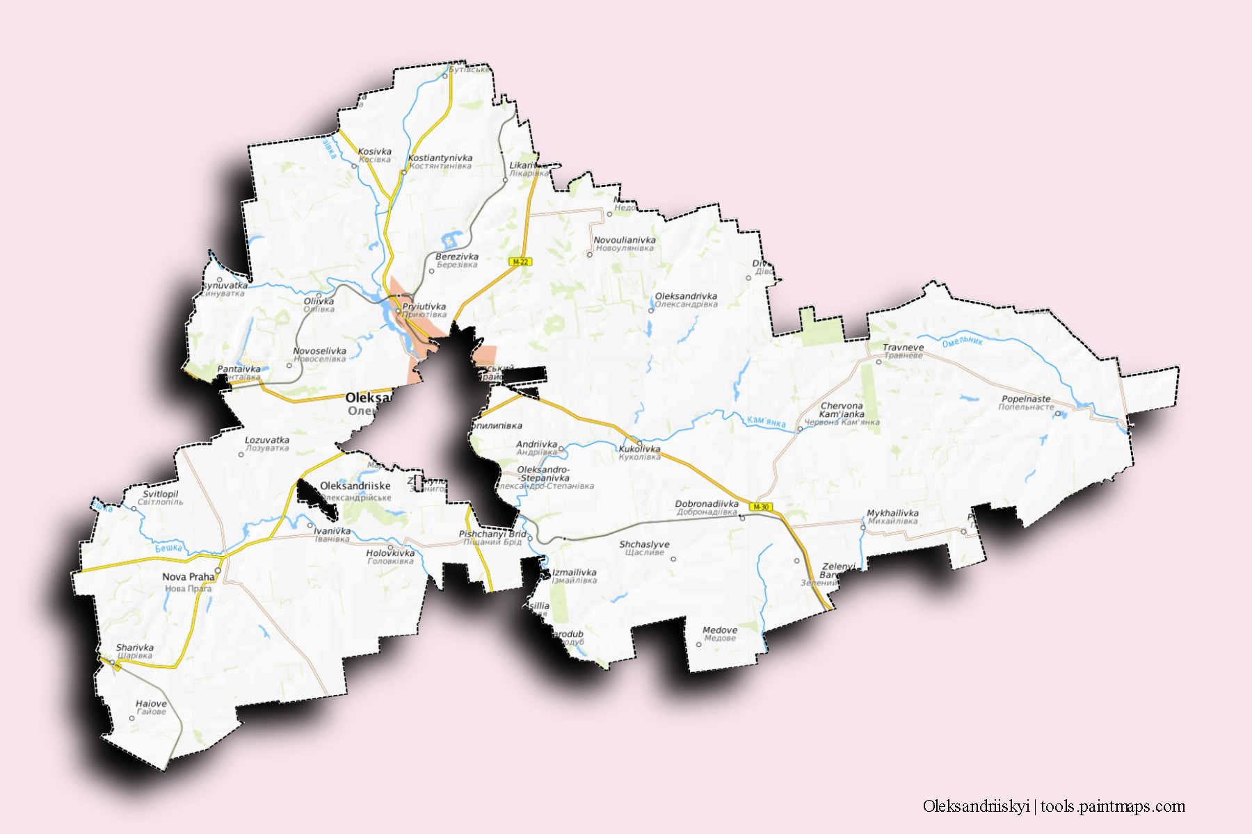 Mapa de barrios y pueblos de Oleksandriiskyi con efecto de sombra 3D