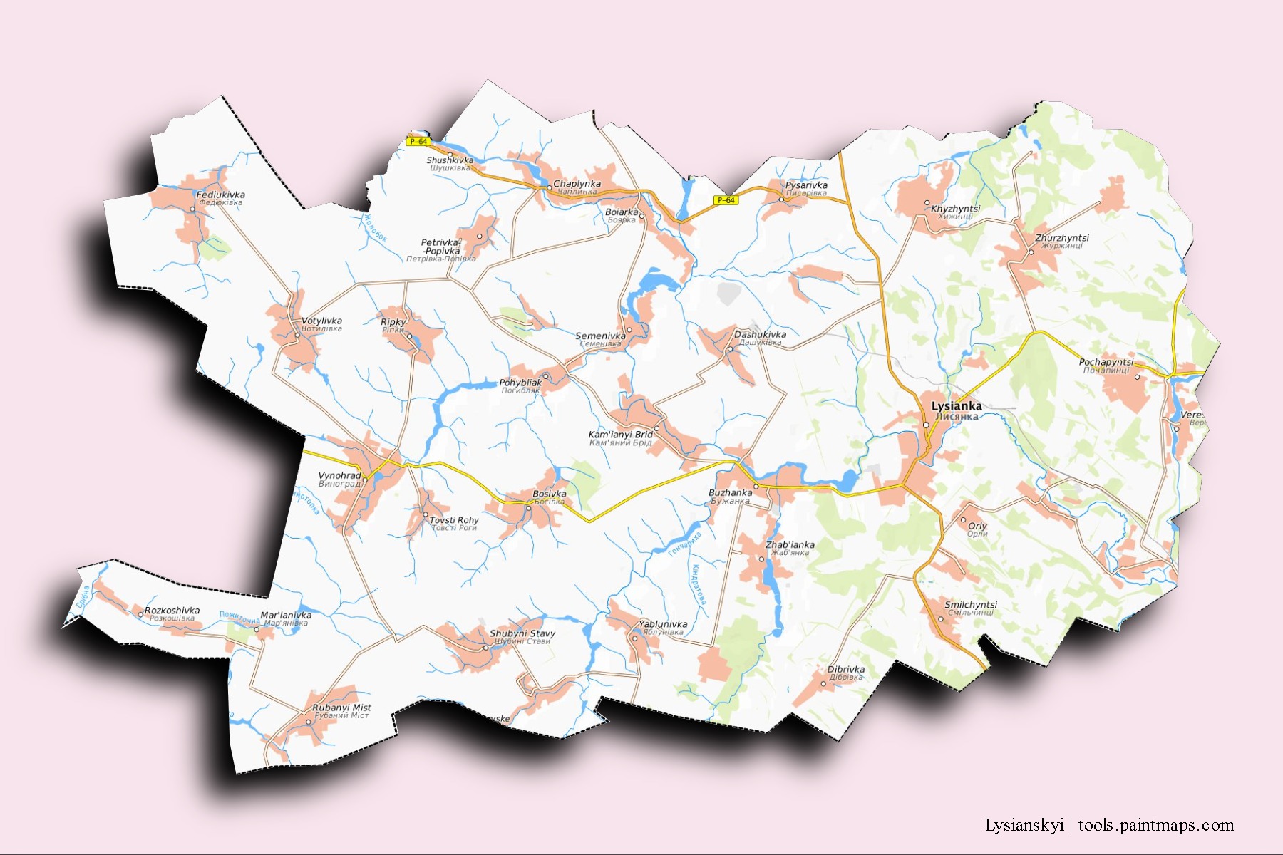 3D gölge efektli Lysianskyi mahalleleri ve köyleri haritası