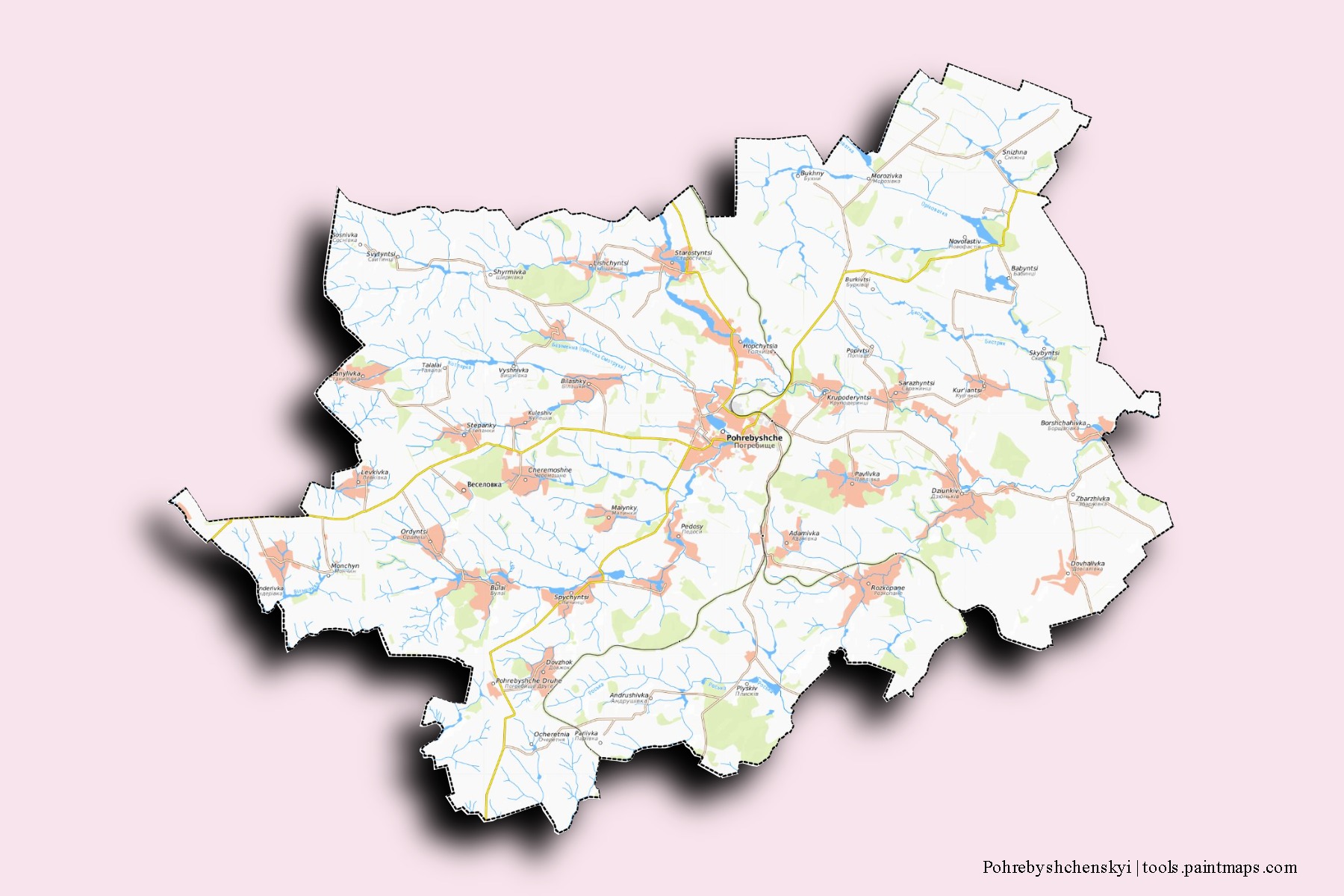Mapa de barrios y pueblos de Pohrebyshchenskyi con efecto de sombra 3D