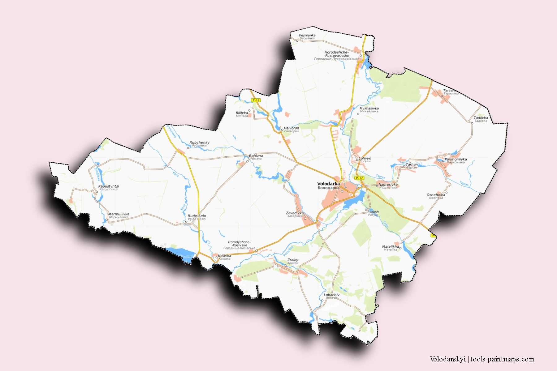 Mapa de barrios y pueblos de Volodarskyi con efecto de sombra 3D