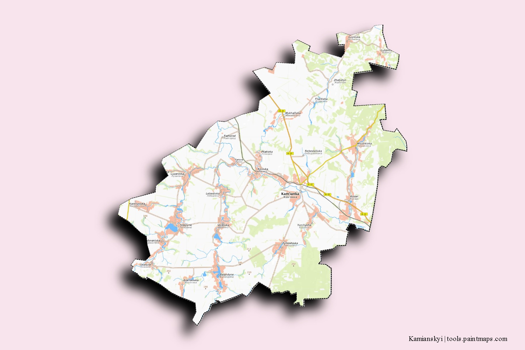 Mapa de barrios y pueblos de Kamianskyi con efecto de sombra 3D