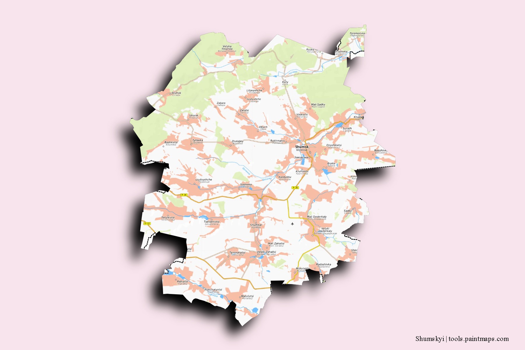 Mapa de barrios y pueblos de Shumskyi con efecto de sombra 3D