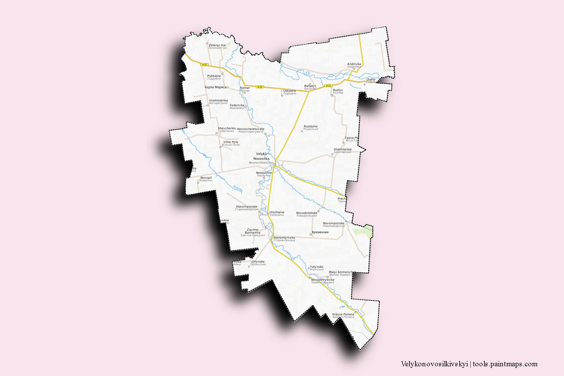 Mapa de barrios y pueblos de Velykonovosilkivskyi con efecto de sombra 3D