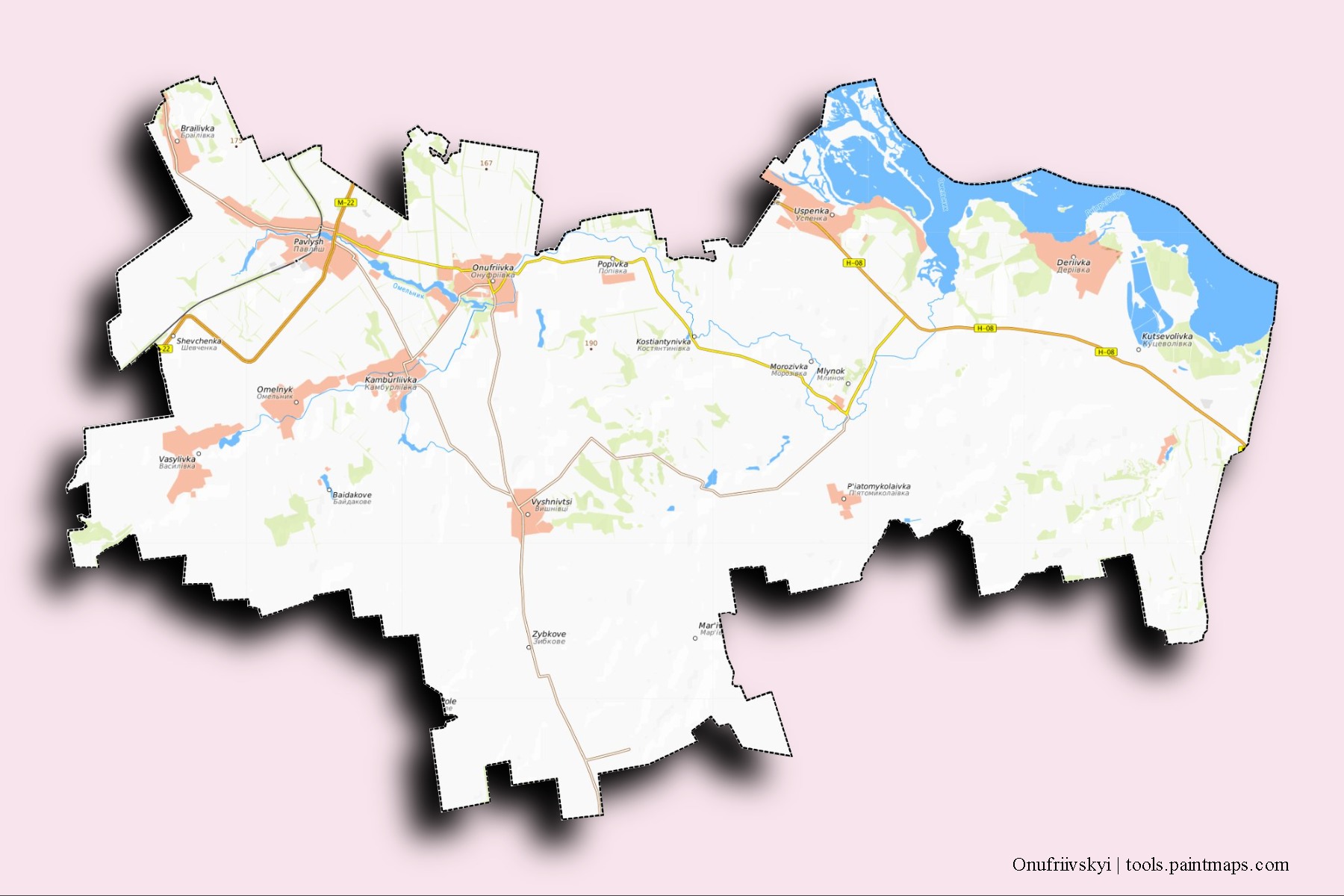 Mapa de barrios y pueblos de Onufriivskyi con efecto de sombra 3D