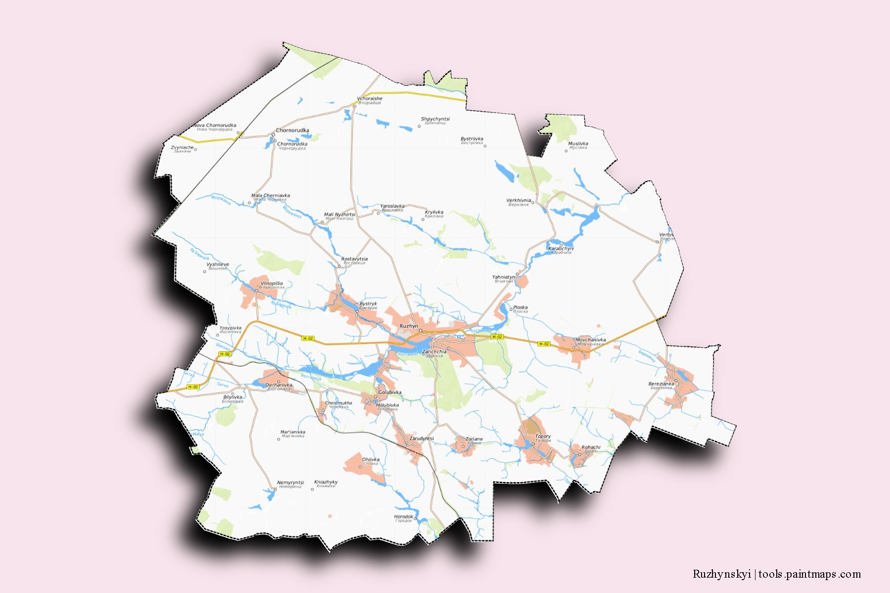 Mapa de barrios y pueblos de Ruzhynskyi con efecto de sombra 3D