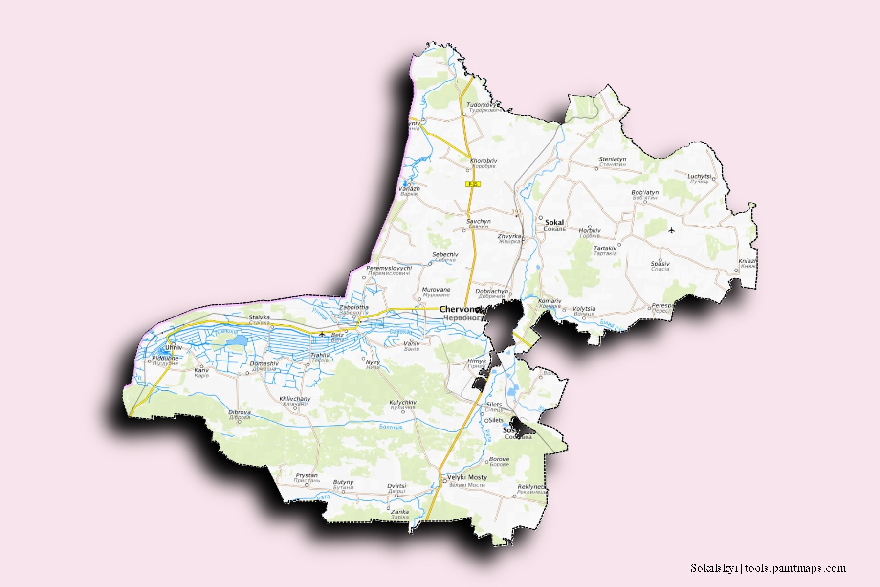 Mapa de barrios y pueblos de Sokalskyi con efecto de sombra 3D