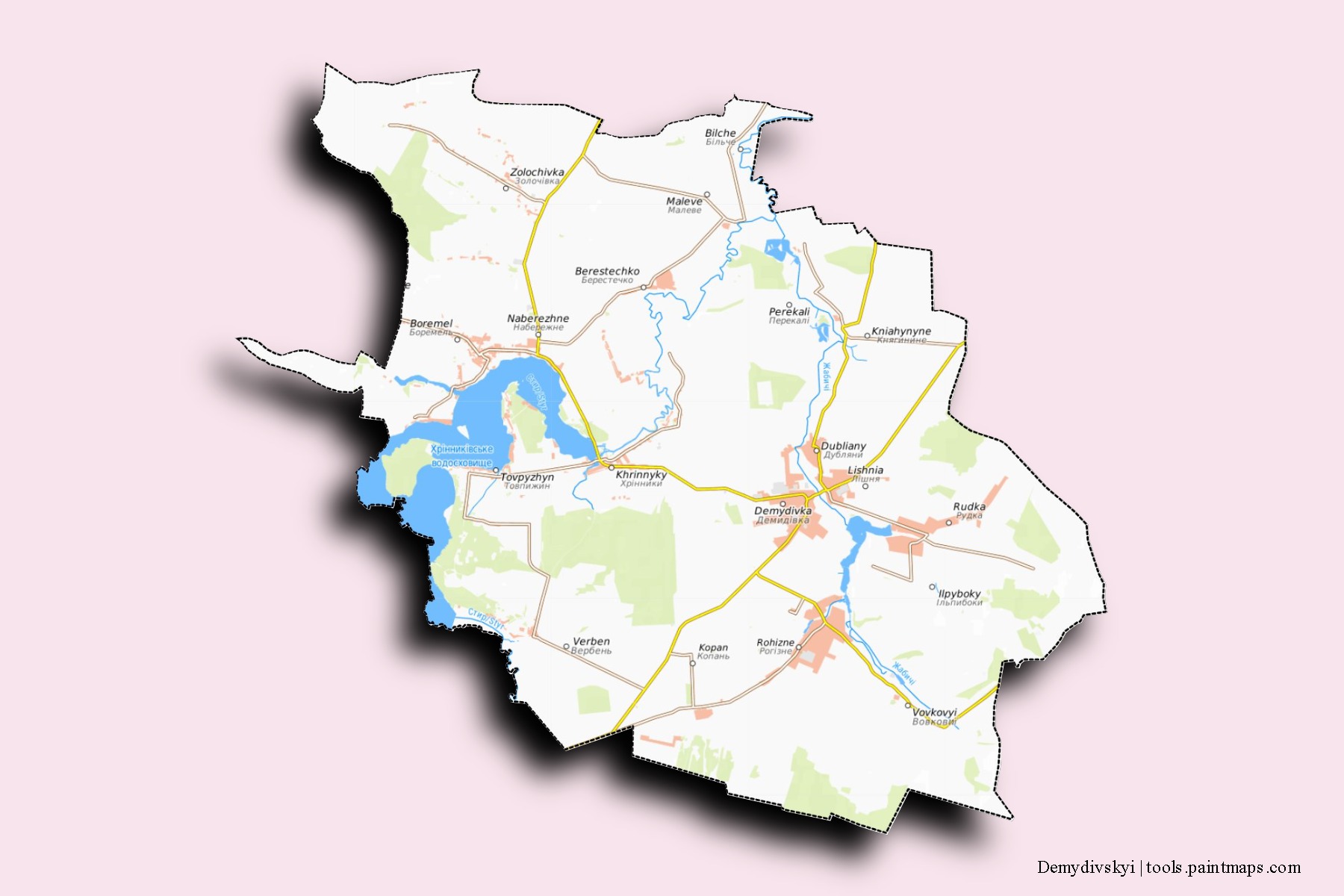 Mapa de barrios y pueblos de Demydivskyi con efecto de sombra 3D