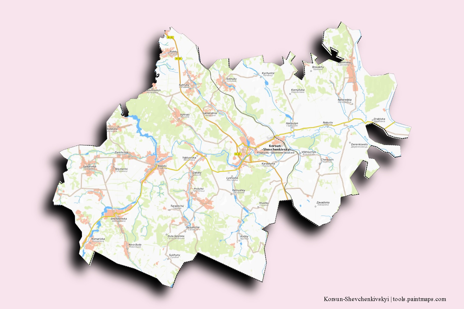 Korsun'-Shevchenkivs'kyi neighborhoods and villages map with 3D shadow effect